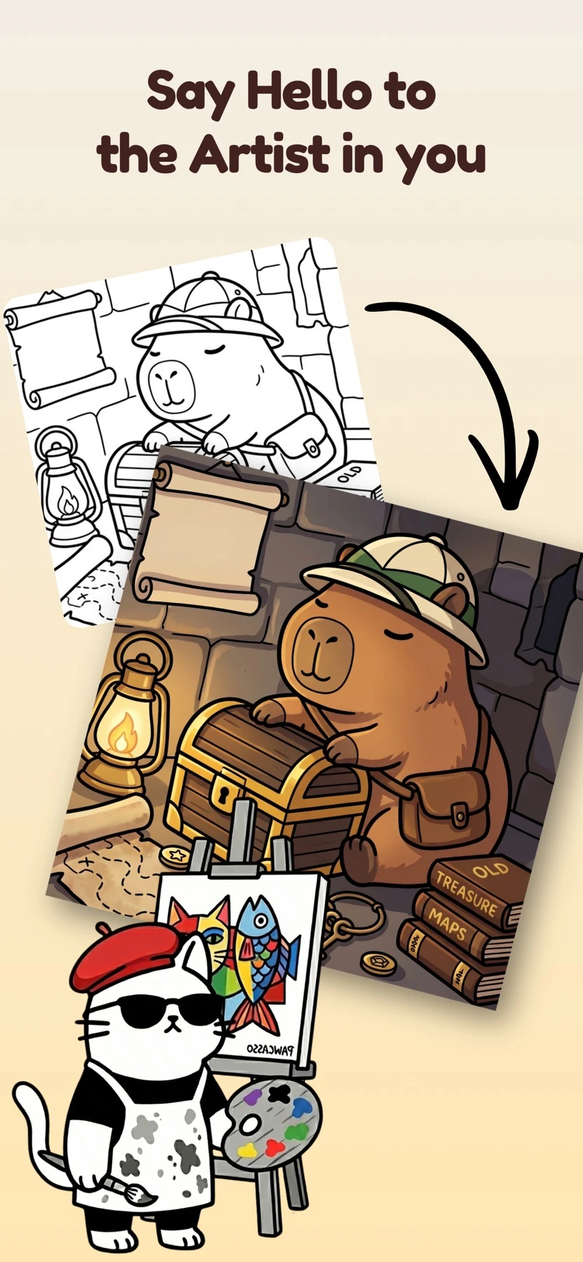 ColorClub preview: a coloring page before and after adding color