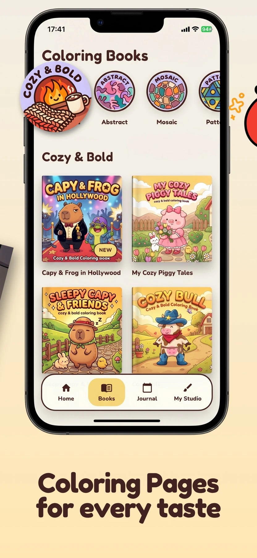 ColorClub coloring book library displayed in a phone mockup