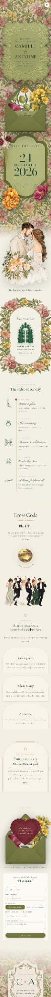 Actual Emerald wedding invitation website preview, with wedding details and RSVP sections
