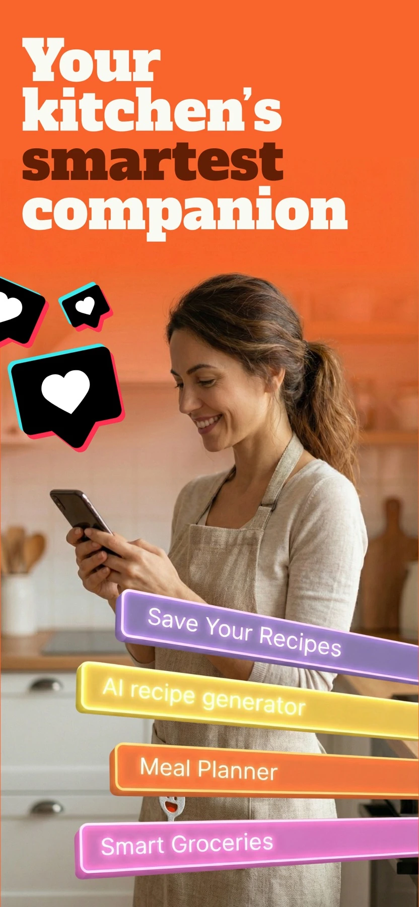 ReciPin App Store preview featuring a woman cooking in her kitchen