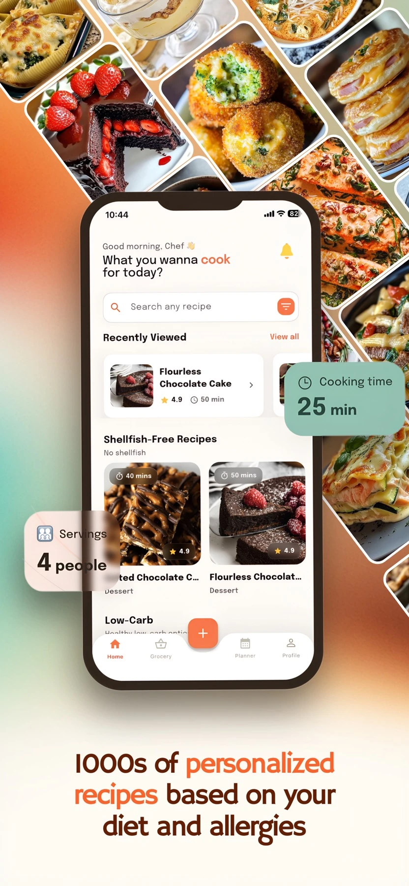 ReciPin recipe discovery screen with food photos in a phone mockup